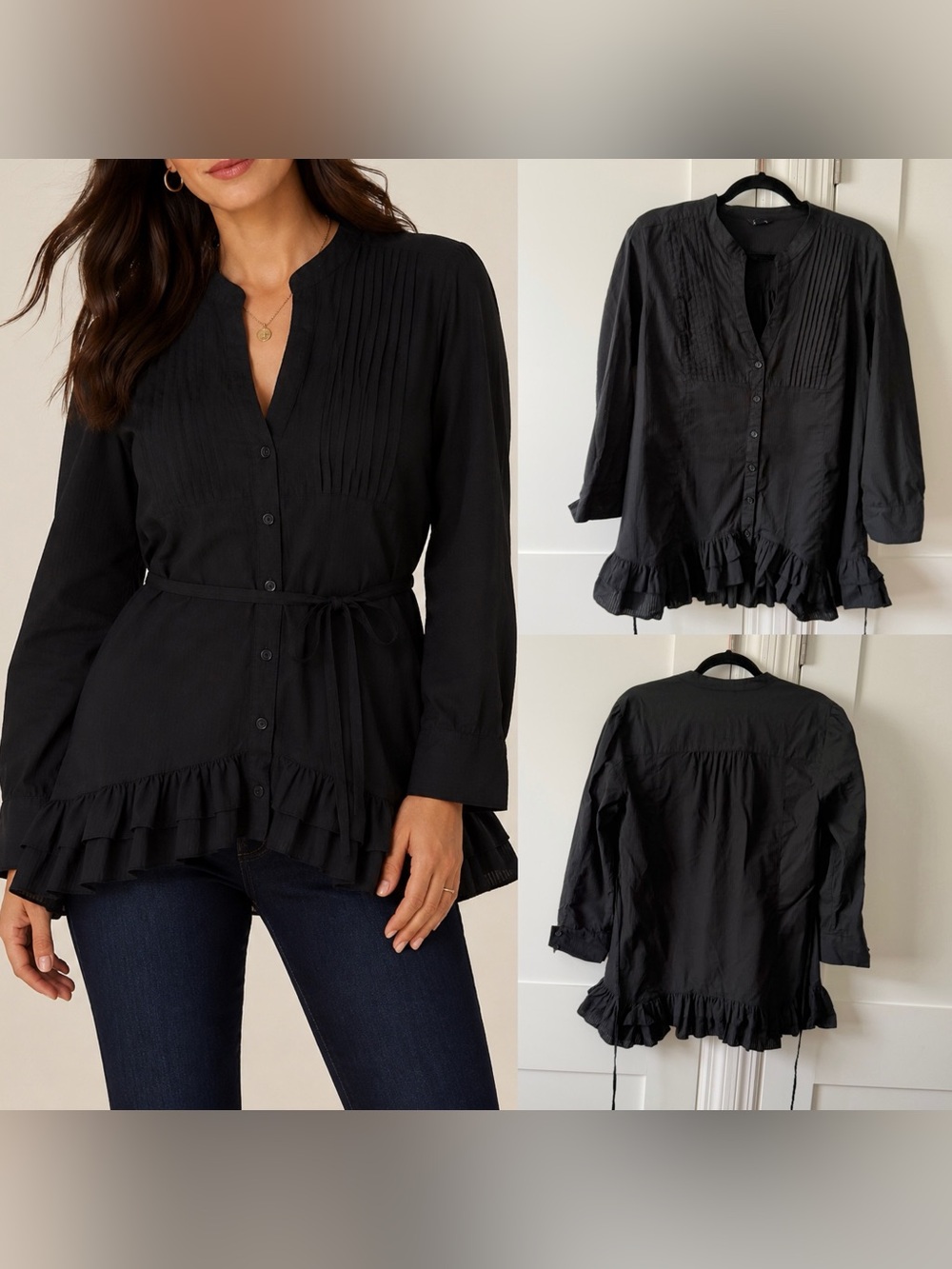 GUESS Pintuck Cotton Tie Back Ruffle Hem Tunic Top Black Sz XL